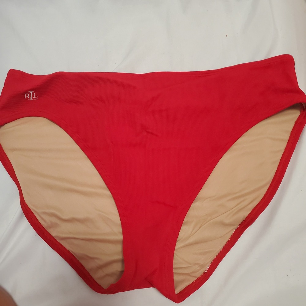 Lauren Ralph Lauren Red Ribbed Bikini Bottom High Cut Swim Size 14